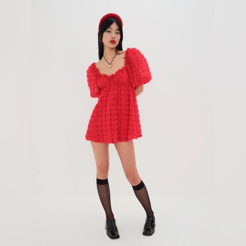 For Love and Lemons Red Rose Puff Sleeve Lined Puff Sleeve Sexy Mini Medium